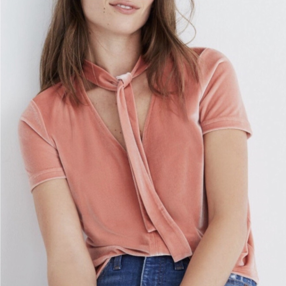 MADEWELL PINK VELVET TIE-NECK TOP